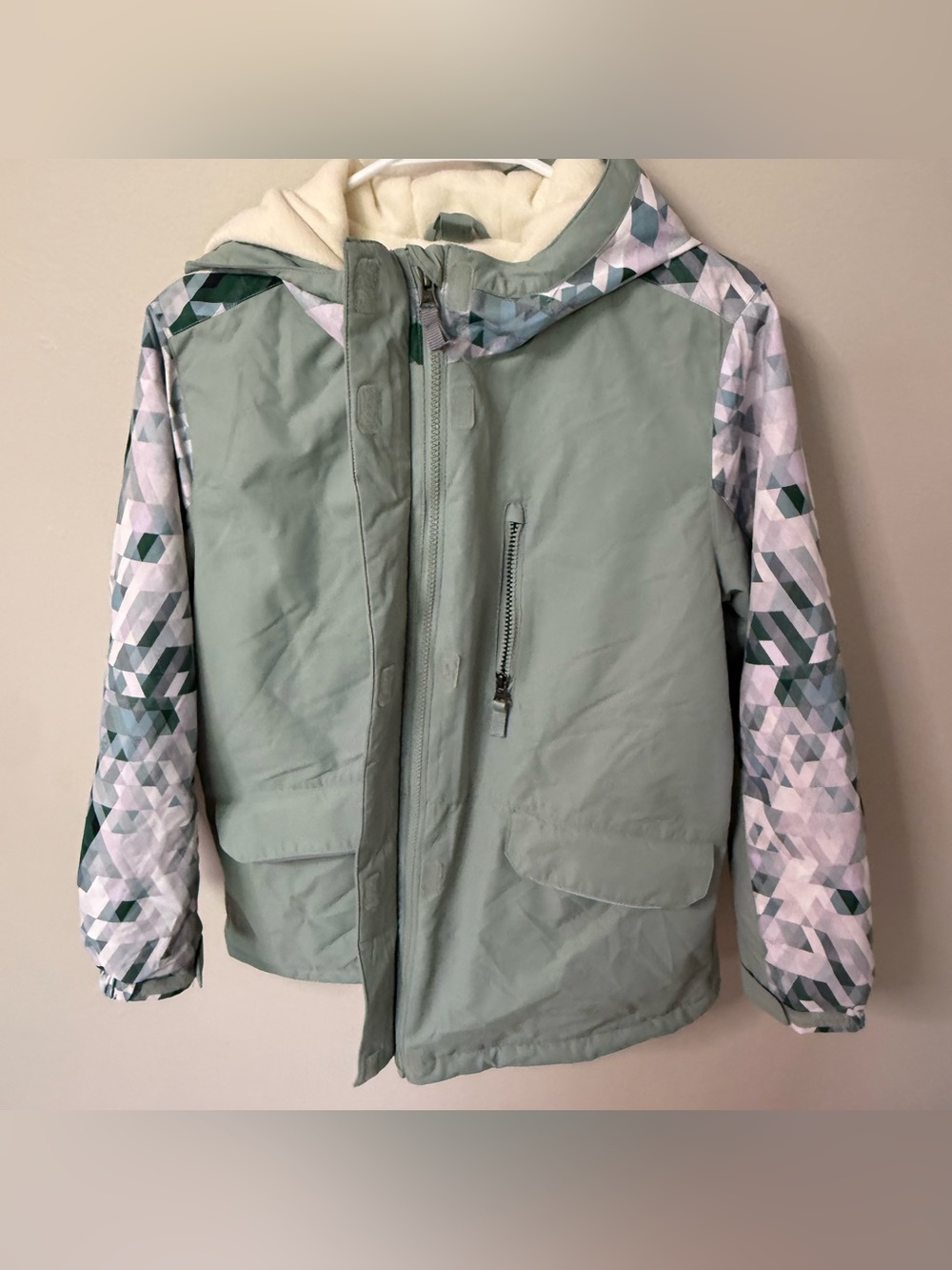 Swiss Tech Kids Quilted Hooded Winter Jacket - Sage Green & Geo Print XL